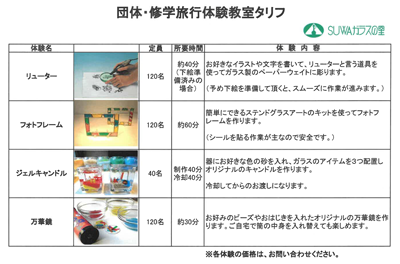 団体・修学旅行体験教室タリフ