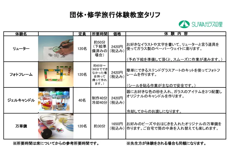 団体・修学旅行体験教室タリフ